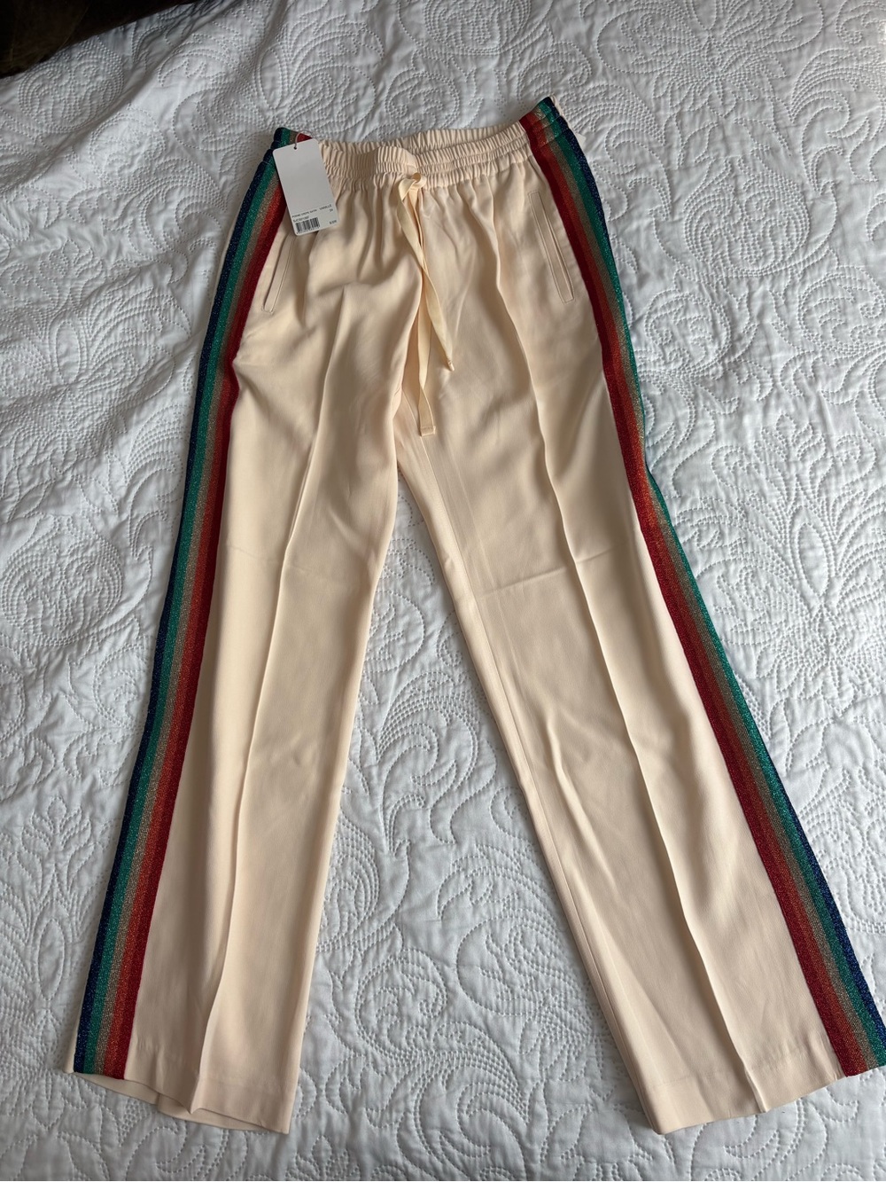 Zadig & Voltaire Cream Track Pants with Rainbow Side Stripes